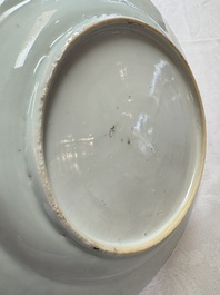 A Chinese famille rose armorial dish with the arms of Goos de Ghyseghem, Vecquemans and Golbeau for the Belgian market, Yongzheng/Qianlong