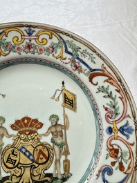 A Chinese famille rose armorial dish with the arms of Goos de Ghyseghem, Vecquemans and Golbeau for the Belgian market, Yongzheng/Qianlong