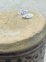 A blue and white Antwerp maiolica albarello inscribed 'PV:PVERPERL', 16th C.