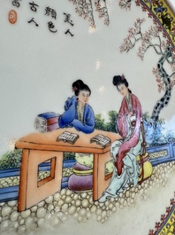Two Chinese famille rose dishes and a plate with elegant beauties, Qianlong marks, 20th C
