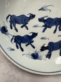 A Chinese blue and white ko-sometsuke 'Buffalo Herder' plate for the Japanese market, Tianqi