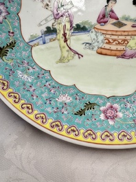 Two Chinese famille rose dishes and a plate with elegant beauties, Qianlong marks, 20th C
