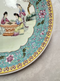 Two Chinese famille rose dishes and a plate with elegant beauties, Qianlong marks, 20th C