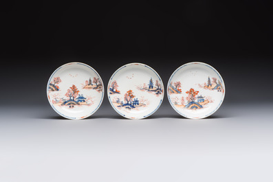 Ten Chinese Imari-style 'Riverscape' cups and saucers, Qianlong