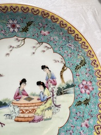 Two Chinese famille rose dishes and a plate with elegant beauties, Qianlong marks, 20th C