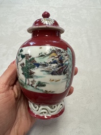 A Chinese famille rose ruby-ground 'Landscape Scroll' covered tea caddy and a covered milk jug, Yongzheng
