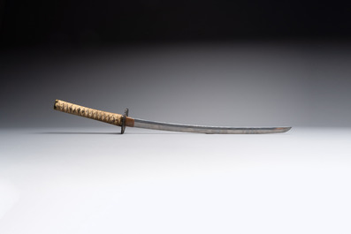 A Japanese katana, signed Yamashiro no Kami Fujiwara Kunikiyo, inscribed 'forged from Nanban tetsu' and chrysanthemum crest, with koshirae, ca. 1629-1665