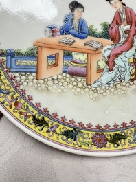 Two Chinese famille rose dishes and a plate with elegant beauties, Qianlong marks, 20th C