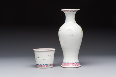 Five Chinese famille rose wares with floral design, Qianlong and Hongxian marks, Republic