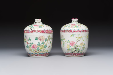 Five Chinese famille rose wares with floral design, Qianlong and Hongxian marks, Republic