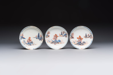 Ten Chinese Imari-style 'Riverscape' cups and saucers, Qianlong