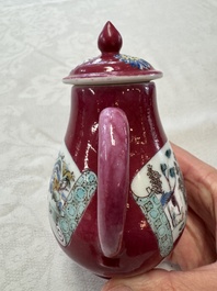 A Chinese famille rose ruby-ground 'Landscape Scroll' covered tea caddy and a covered milk jug, Yongzheng