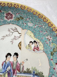 Two Chinese famille rose dishes and a plate with elegant beauties, Qianlong marks, 20th C