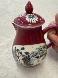 A Chinese famille rose ruby-ground 'Landscape Scroll' covered tea caddy and a covered milk jug, Yongzheng