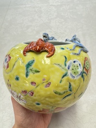 A pair of Chinese famille rose yellow-ground water pots with floral design and applied chilong and bats, Qianlong mark, 19/20th C.
