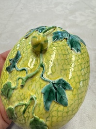 A rare Chinese green-enamelled yellow-ground 'Melon' tureen and cover, 18/19th C.