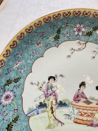Two Chinese famille rose dishes and a plate with elegant beauties, Qianlong marks, 20th C