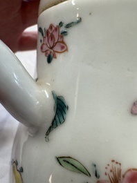 A Chinese famille rose 'Birds and Insects among Flowers' teapot on a later wooden stand, Yongzheng