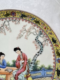 Two Chinese famille rose dishes and a plate with elegant beauties, Qianlong marks, 20th C