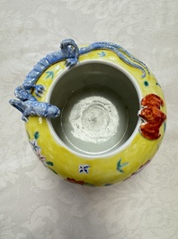 A pair of Chinese famille rose yellow-ground water pots with floral design and applied chilong and bats, Qianlong mark, 19/20th C.