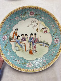 Two Chinese famille rose dishes and a plate with elegant beauties, Qianlong marks, 20th C