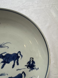A Chinese blue and white ko-sometsuke 'Buffalo Herder' plate for the Japanese market, Tianqi