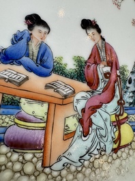 Two Chinese famille rose dishes and a plate with elegant beauties, Qianlong marks, 20th C