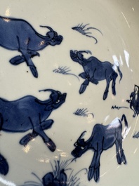 A Chinese blue and white ko-sometsuke 'Buffalo Herder' plate for the Japanese market, Tianqi