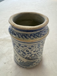 A blue and white Antwerp maiolica albarello inscribed 'PV:PVERPERL', 16th C.