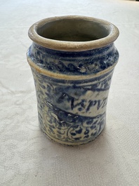 A blue and white Antwerp maiolica albarello inscribed 'PV:PVERPERL', 16th C.