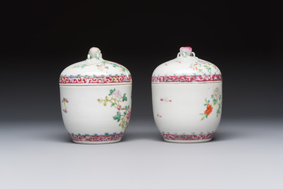 Five Chinese famille rose wares with floral design, Qianlong and Hongxian marks, Republic