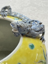 A pair of Chinese famille rose yellow-ground water pots with floral design and applied chilong and bats, Qianlong mark, 19/20th C.
