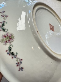 Two Chinese famille rose dishes and a plate with elegant beauties, Qianlong marks, 20th C