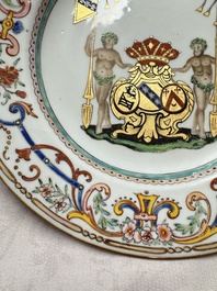 A Chinese famille rose armorial dish with the arms of Goos de Ghyseghem, Vecquemans and Golbeau for the Belgian market, Yongzheng/Qianlong