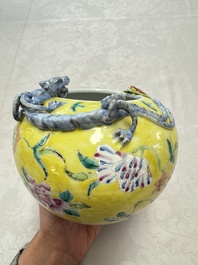 A pair of Chinese famille rose yellow-ground water pots with floral design and applied chilong and bats, Qianlong mark, 19/20th C.