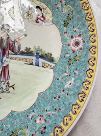 Two Chinese famille rose dishes and a plate with elegant beauties, Qianlong marks, 20th C
