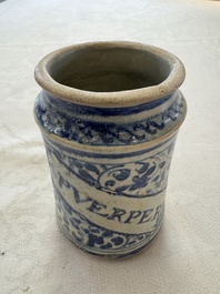 A blue and white Antwerp maiolica albarello inscribed 'PV:PVERPERL', 16th C.