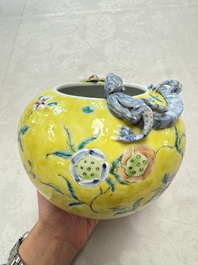 A pair of Chinese famille rose yellow-ground water pots with floral design and applied chilong and bats, Qianlong mark, 19/20th C.