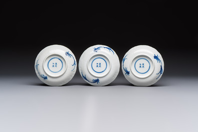 11 Chinese blue and white cups and 9 saucers, Kangxi and jade marks, Kangxi and later