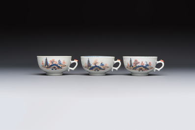Ten Chinese Imari-style 'Riverscape' cups and saucers, Qianlong