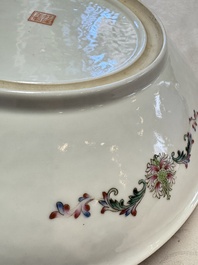 Two Chinese famille rose dishes and a plate with elegant beauties, Qianlong marks, 20th C