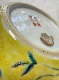 A pair of Chinese famille rose yellow-ground water pots with floral design and applied chilong and bats, Qianlong mark, 19/20th C.