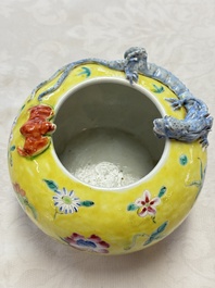 A pair of Chinese famille rose yellow-ground water pots with floral design and applied chilong and bats, Qianlong mark, 19/20th C.