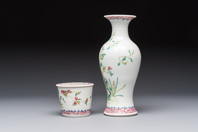 Five Chinese famille rose wares with floral design, Qianlong and Hongxian marks, Republic