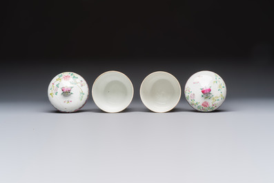 Five Chinese famille rose wares with floral design, Qianlong and Hongxian marks, Republic