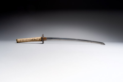 A Japanese katana, signed Yamashiro no Kami Fujiwara Kunikiyo, inscribed 'forged from Nanban tetsu' and chrysanthemum crest, with koshirae, ca. 1629-1665