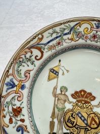 A Chinese famille rose armorial dish with the arms of Goos de Ghyseghem, Vecquemans and Golbeau for the Belgian market, Yongzheng/Qianlong