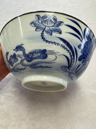 A Chinese blue and white 'Bleu de Hue' bowl with mandarin ducks in a lotus pond and a poem, Ngoan Ngoc 玩玉 mark, 19th C.