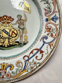 A Chinese famille rose armorial dish with the arms of Goos de Ghyseghem, Vecquemans and Golbeau for the Belgian market, Yongzheng/Qianlong