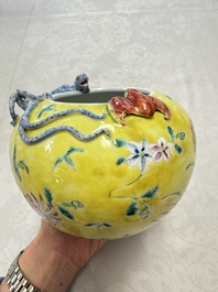 A pair of Chinese famille rose yellow-ground water pots with floral design and applied chilong and bats, Qianlong mark, 19/20th C.